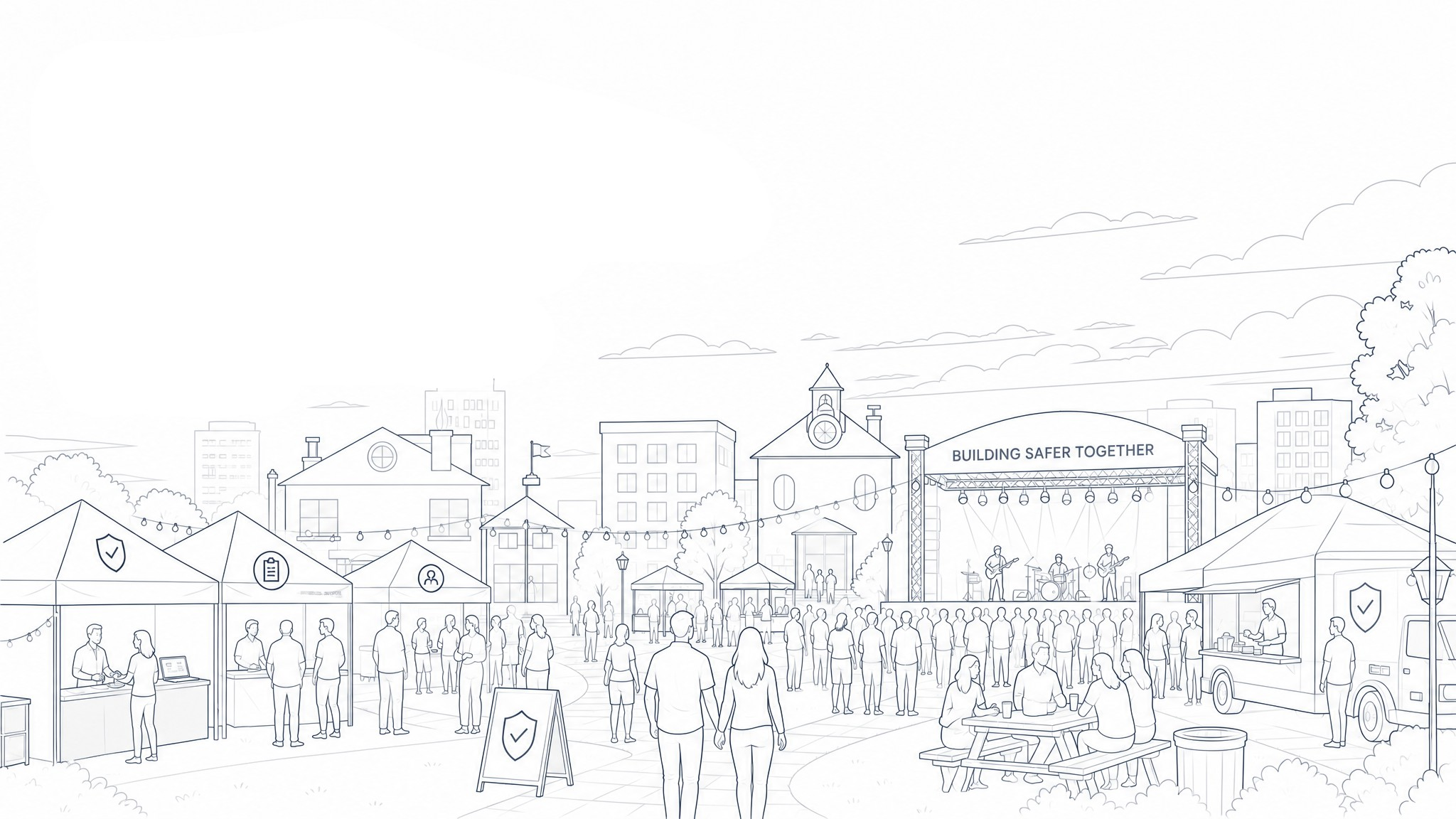 Architectural line illustration of a live outdoor event with security tents, credential check, crowd, and a stage reading Building Safer Together