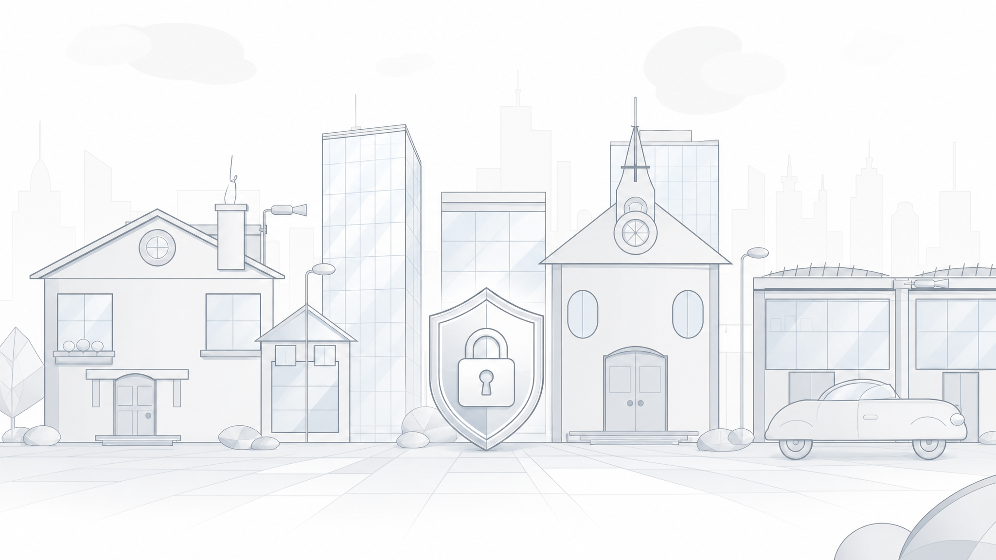A refined architectural illustration of a neighborhood — homes, towers, a church, and storefronts — protected behind a central shield and lock.