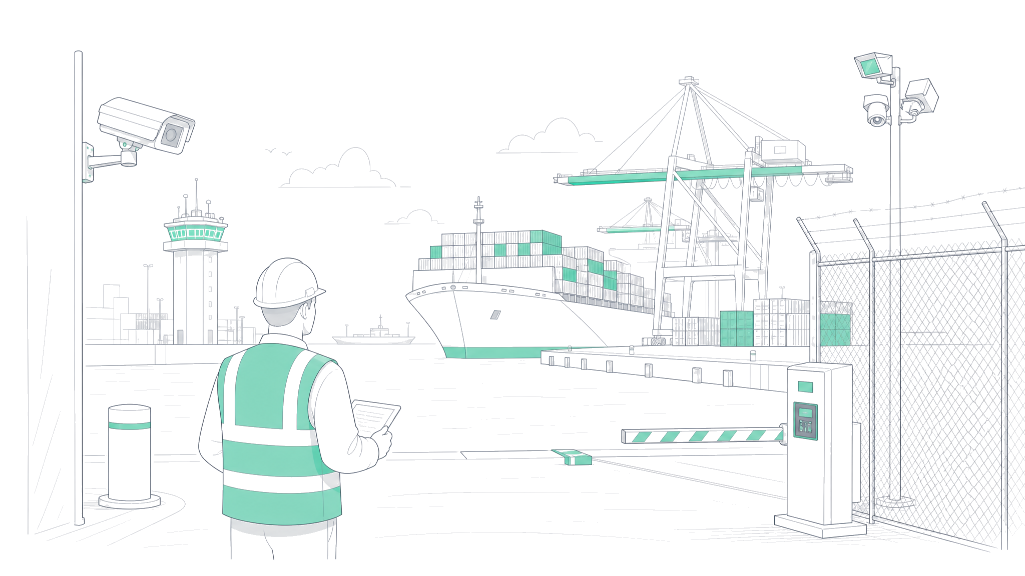 Architectural line illustration of a port facility with a security officer in a hi-vis vest, surveillance cameras, a container ship at berth, ship-to-shore cranes, a perimeter fence, and a vehicle access gate