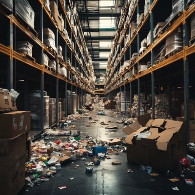 Messy warehouse aisle with scattered boxes and packaging material on the floor.